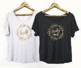 White and Gold Wreath Shirt Bride, Black and Gold Wreath Shirt Bridesmaid